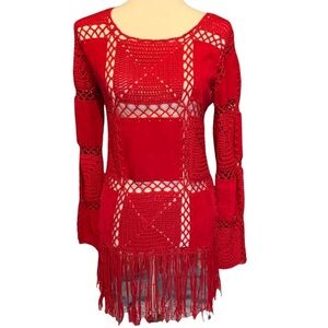 Merchant Crochet Patchwork Fringed Tunic Top Womens Large L Red